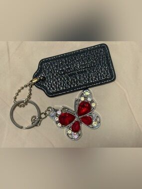 COACH Black Leather hangTag with Red Crystal Butterfly Keyring